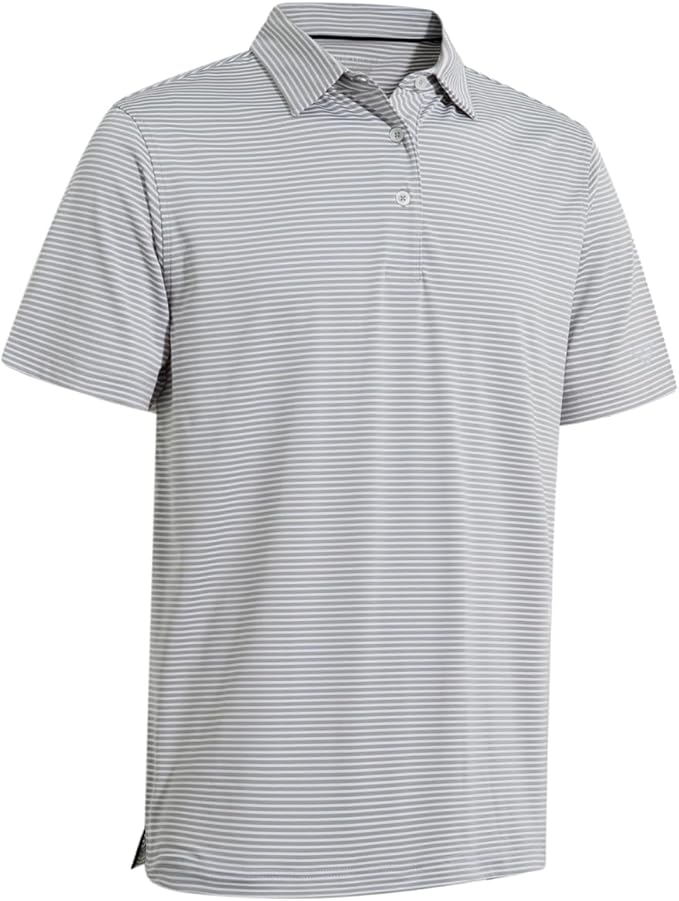 Men wearing a grey and white horizontal striped short sleeve performance golf polo with button closure.