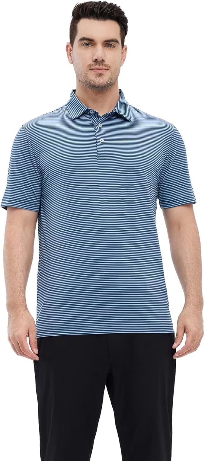 Mens Striped Performance Golf Polo Shirt - Moisture Wicking Dry Fit