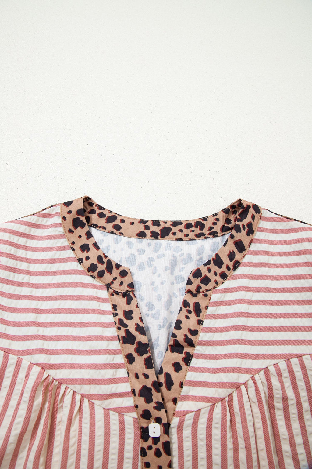 Striped Shirt Dress with Leopard Trim 3/4 Sleeve Cotton Dress