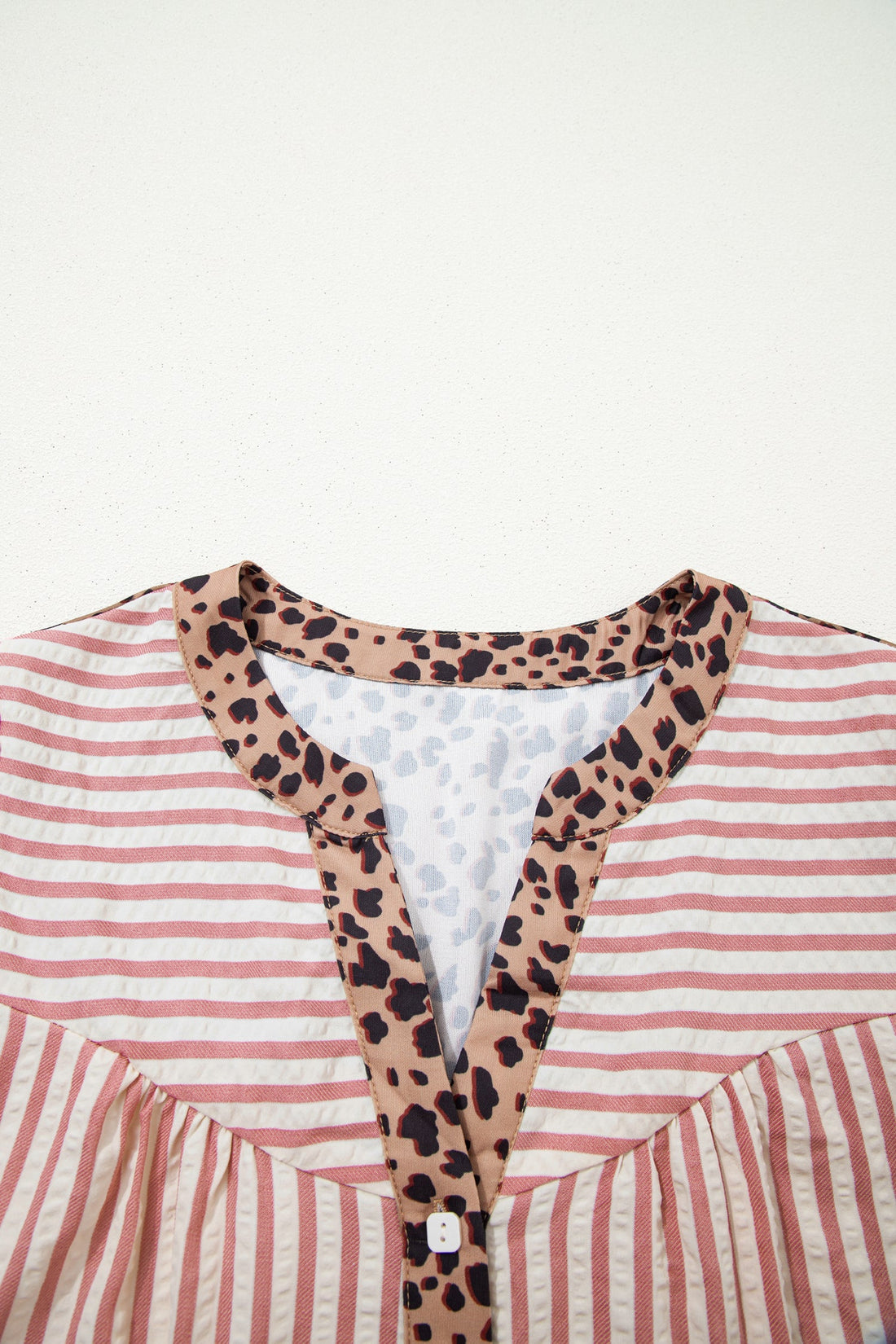 Striped Shirt Dress with Leopard Trim 3/4 Sleeve Cotton Dress