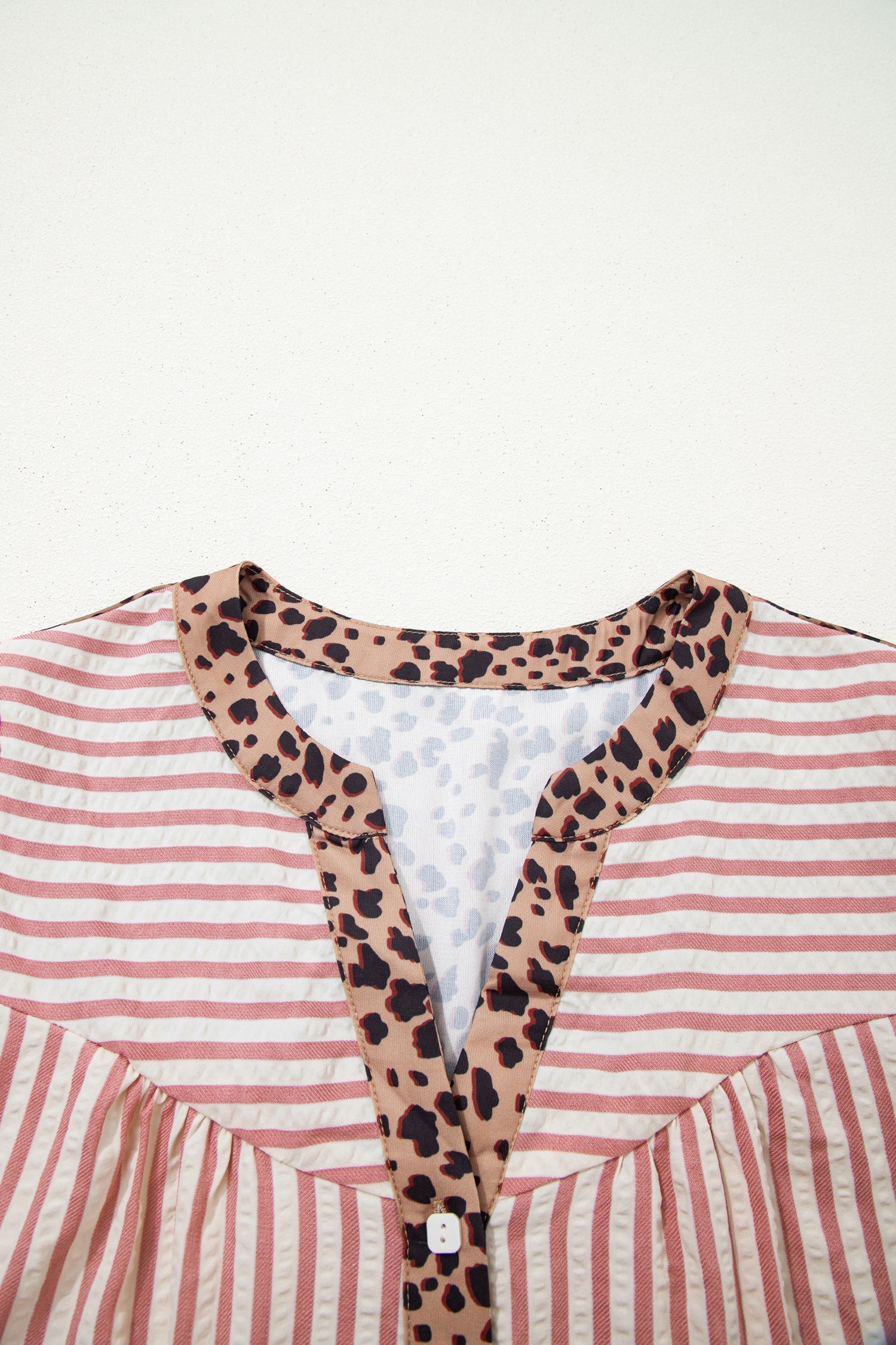 Striped Shirt Dress with Leopard Trim 3/4 Sleeve Cotton Dress