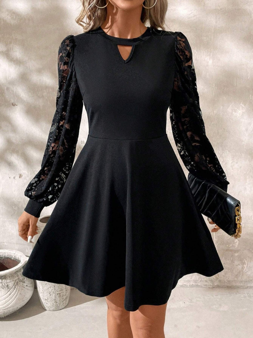 Luxury Black Long Sleeve Mini Dress with Lace Details