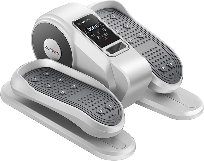 White and grey electric under desk elliptical machine for home office use.