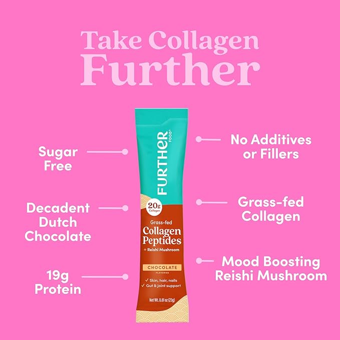 Further Food Chocolate Collagen Peptides Powder Stick Packs, Grass-Fed Pasture-Raised Hydrolyzed Type 1 & 3 Protein, Gut Health + Joint, Hair, Skin, Nails, Paleo Keto Sugar-Free 9.74 oz