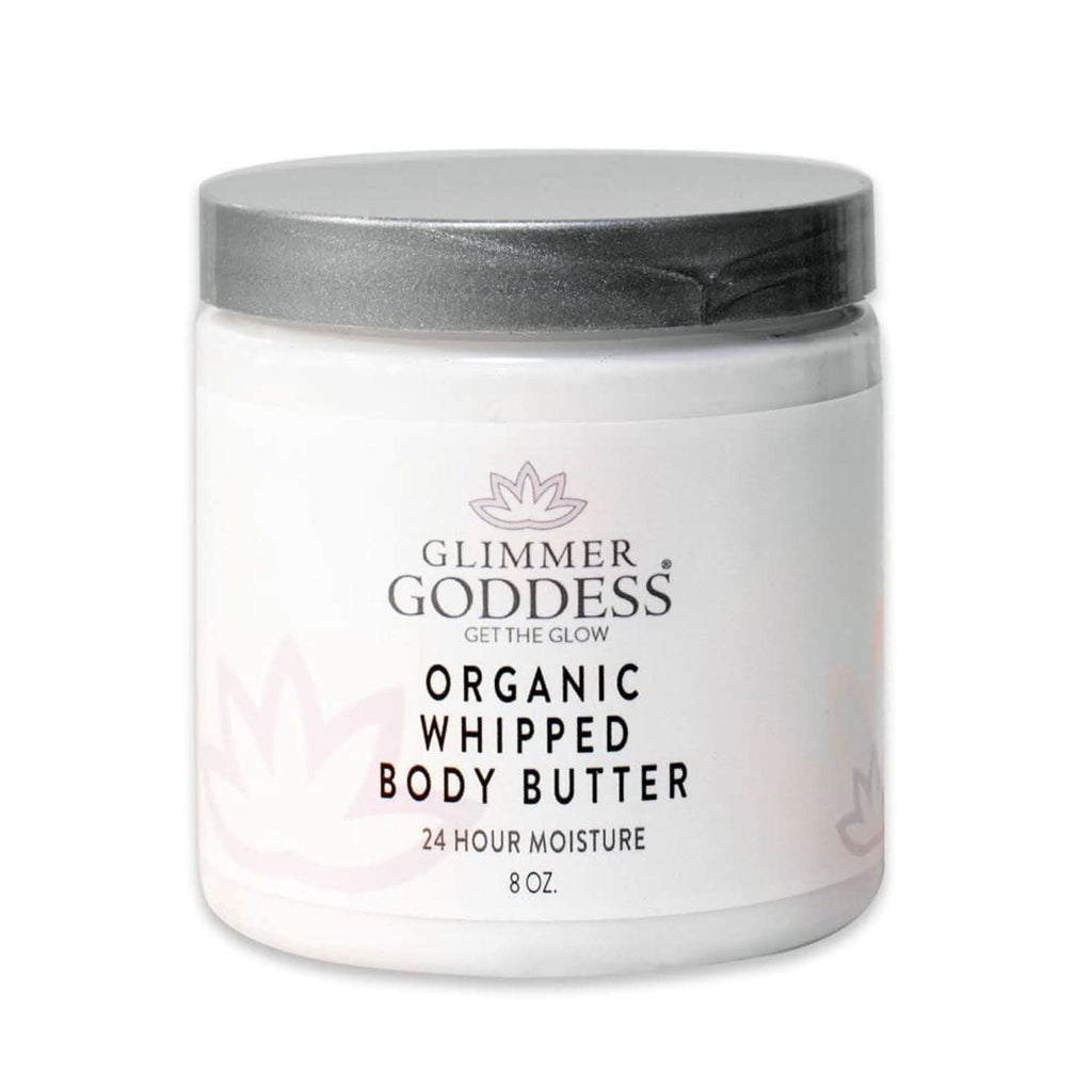 8 oz jar of Glimmer Goddess Cinnamon Apple Cider organic whipped body butter in white and silver packaging.