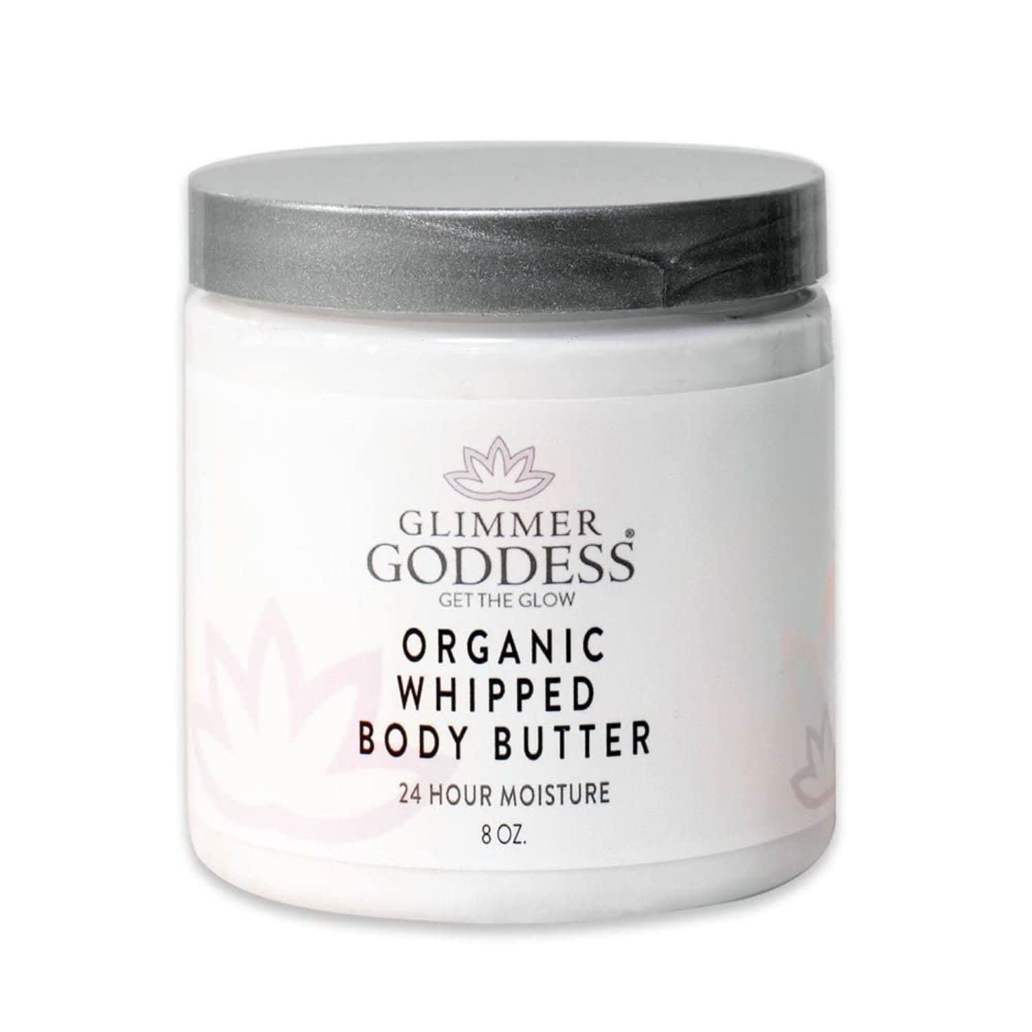 White and silver jar of Glimmer Goddess Organic Whipped Body Butter in Autumn Breeze scent