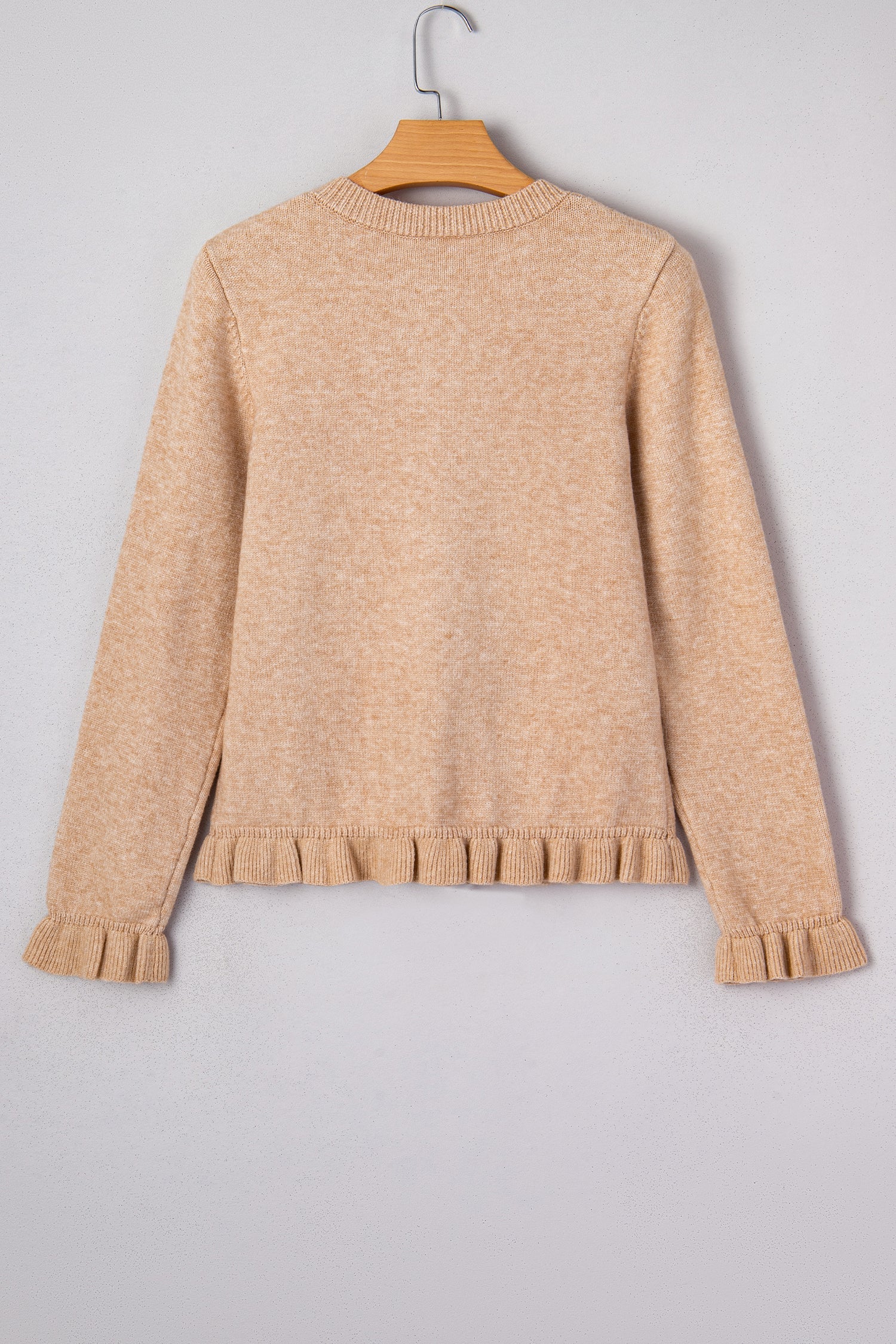 Yamileth Oatmeal Ruffle Trim Gold Button Cardigan