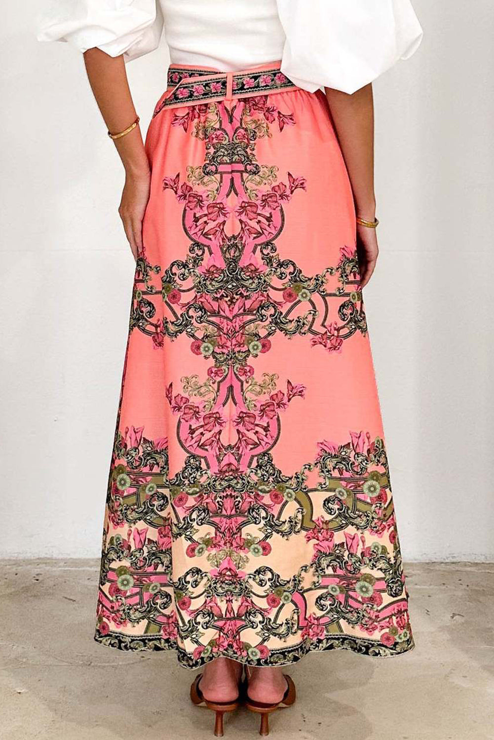 Pink Boho Abstract Print Beltd High Waist Skirt