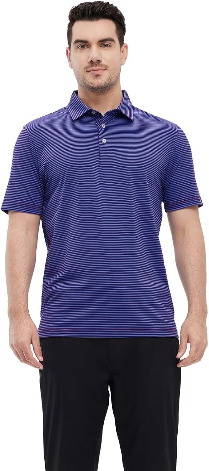 Men's Striped Performance Golf Polo Shirt Moisture Wicking Dry Fit