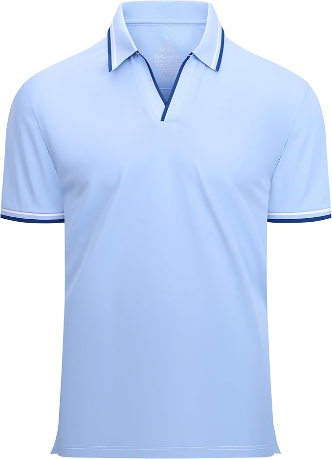 Close-up of a men's performance golf polo in light blue with navy and white striped collar and cuff accents.