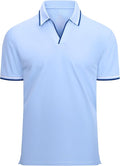 Close-up of a men's performance golf polo in light blue with navy and white striped collar and cuff accents.