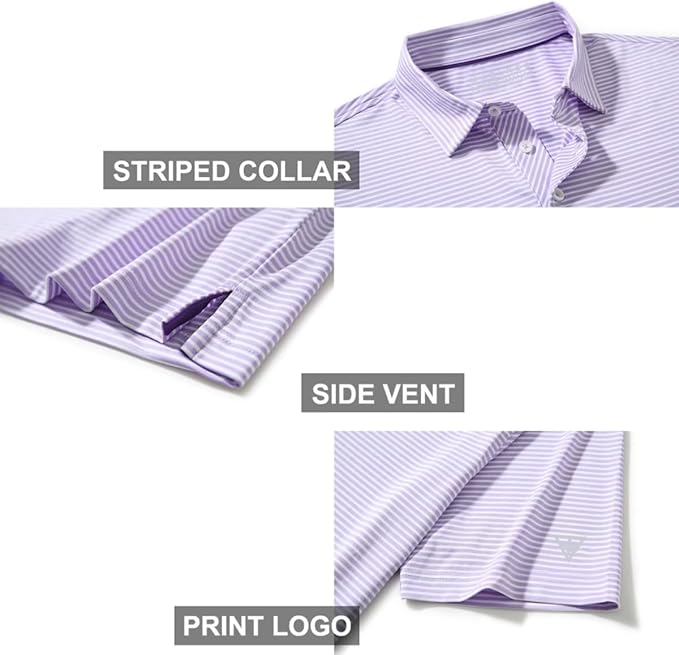 Men's Striped Performance Golf Polo Shirt Moisture Wicking Dry Fit