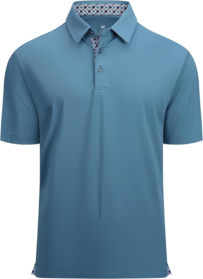 Close up of a men's performance golf polo with moisture-wicking fabric and inner collar trim detail.