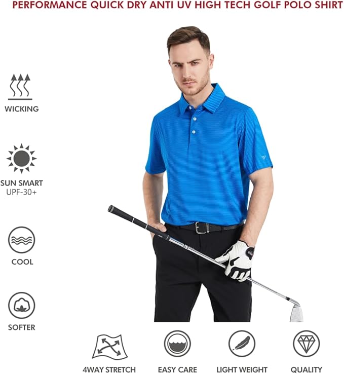 Men's Striped Performance Golf Polo Shirt Moisture Wicking Dry Fit