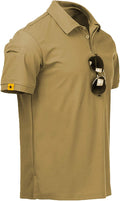 Men wearing a performance tactical golf polo shirt with ring buckle detail and moisture-wicking fabric.