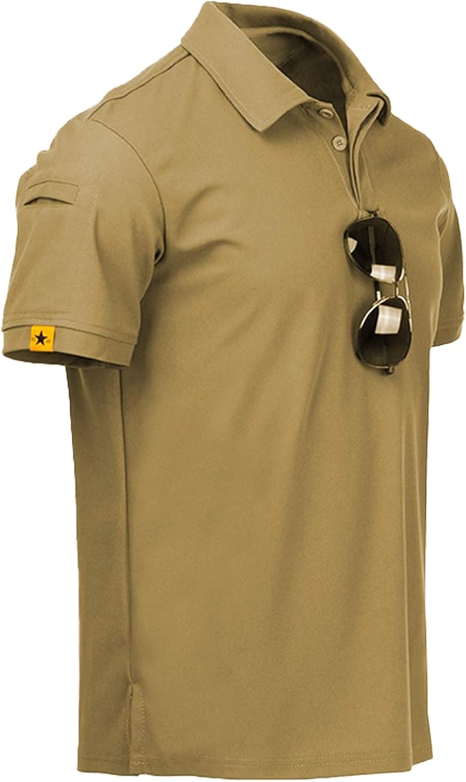 Mens performance tactical golf polo shirt in solid khaki with button placket and collar