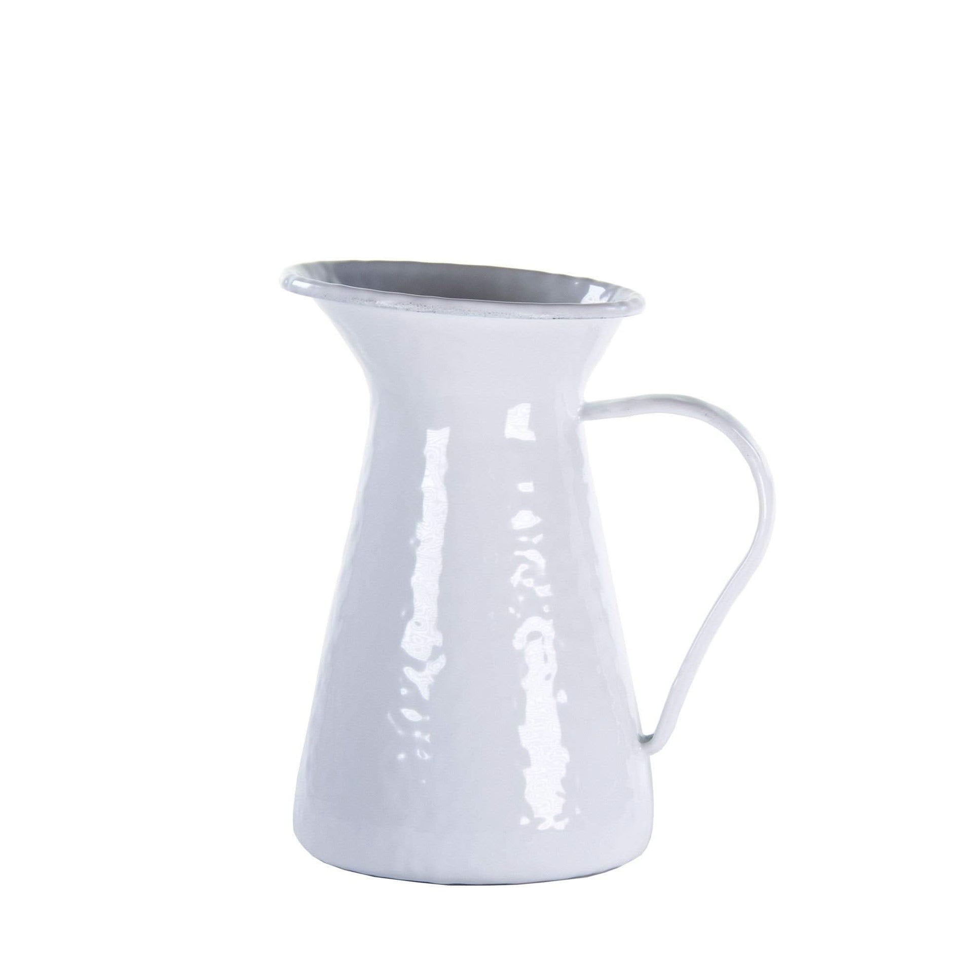Grey Swirl 1 Quart Enamelware Pitcher with stainless steel rim on a dining table