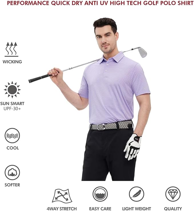 Men's Striped Performance Golf Polo Shirt Moisture Wicking Dry Fit