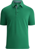 Close up of a men's performance golf polo with moisture-wicking fabric and inner collar trim detail.
