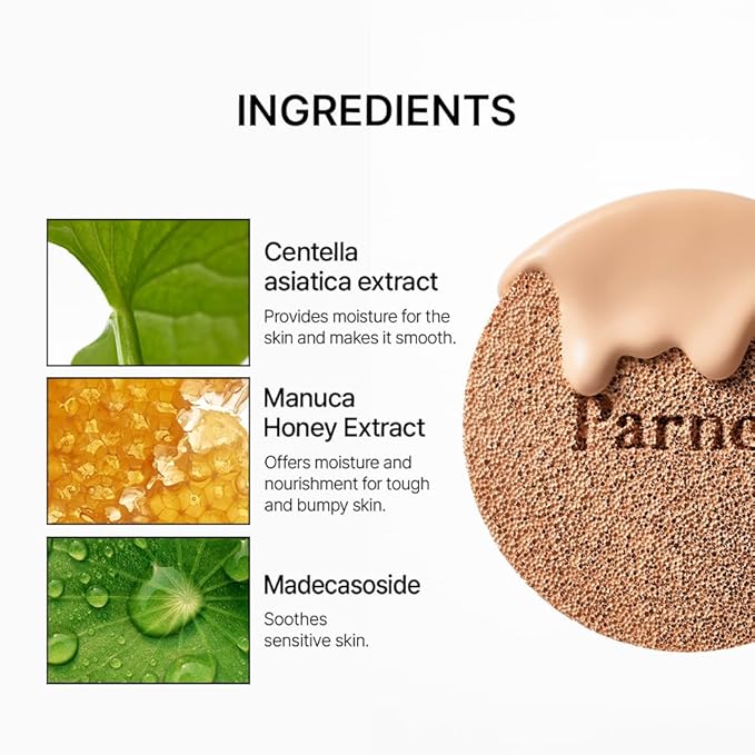 Parnell Cicamanu Serum Cushion - Moisturizing Foundation for Soothing, Coverage, Glass Skin and Lightweight for Sensitive and Dry Skin Pearl Skin (0.52 Fl Oz) (29N)