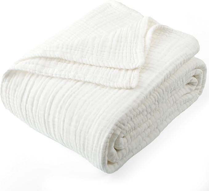 Carriediosa 100% Cotton Muslin Throw Blanket 70" X 80" Twin Size，4-Layers Summer Gauze Throws for Bed Couch，Soft Lightweight Breathable Linen Blankets Bedspread for Adults All Season，White