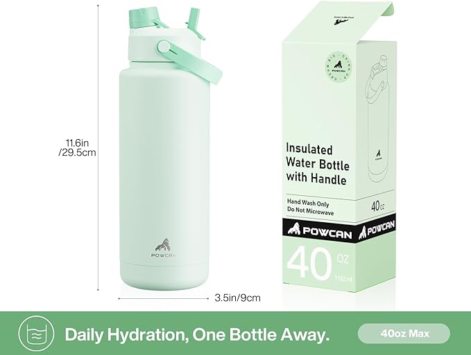 40 oz Insulated Water Bottle with 2-in-1 Straw and Spout Lid, Keep Cold 24H, Leak-Proof, BPA-Free, Double Wall Stainless Steel Water Bottle for Sports, Gym, Travel, and School (Mint)