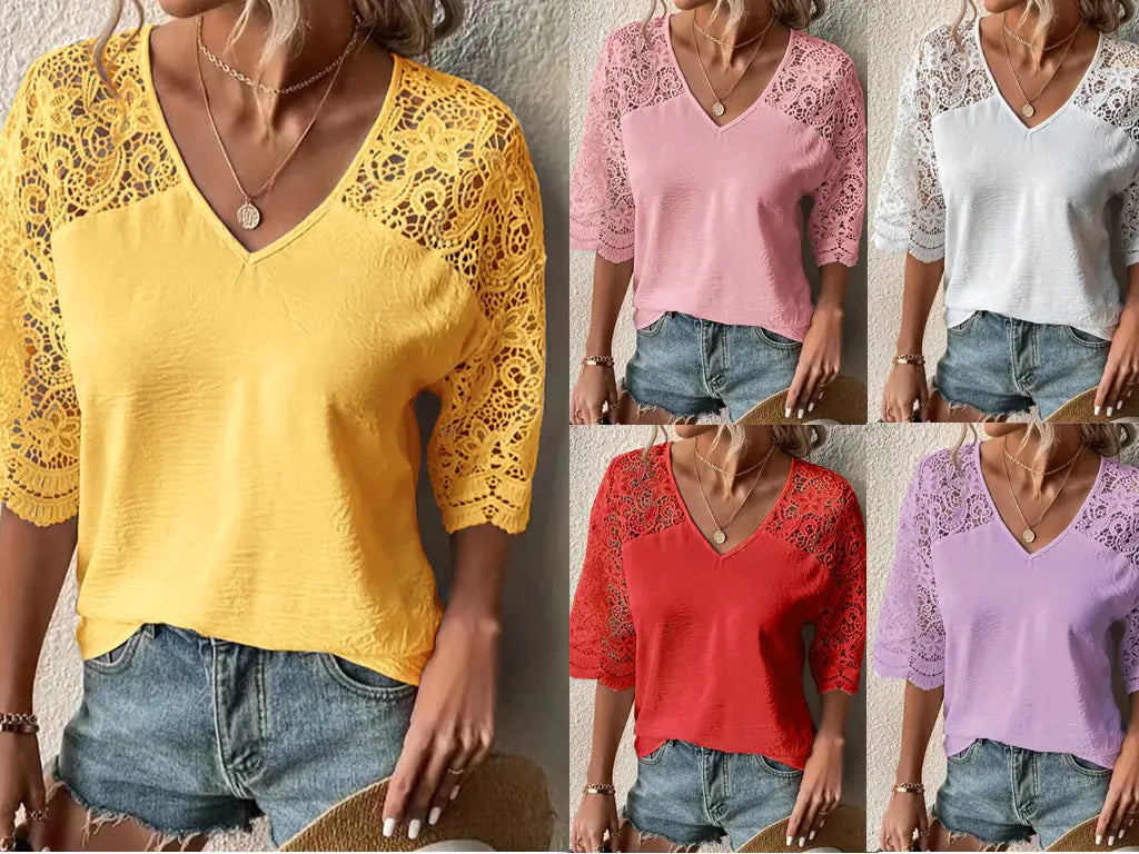 Women's V-Neck Lace Sleeve Blouse Casual Summer Top - Image 13