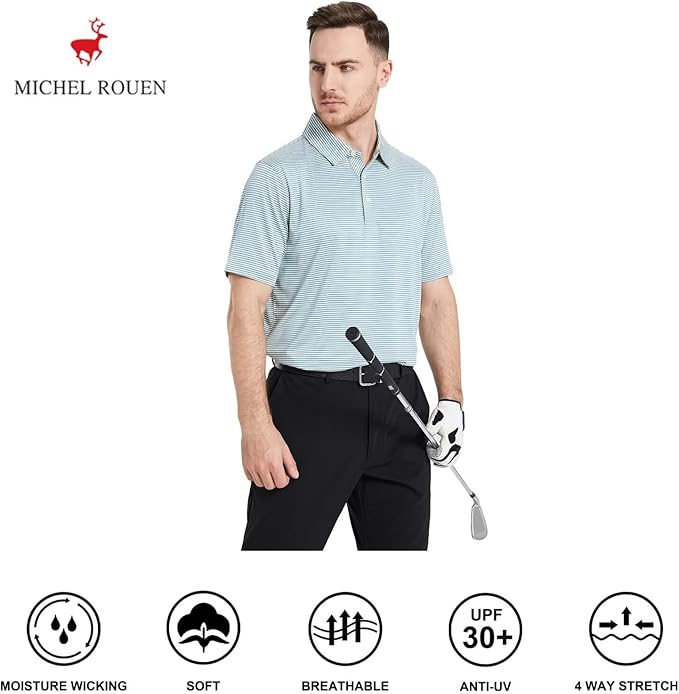 Mens Striped Performance Golf Polo Shirt - Moisture Wicking Dry Fit
