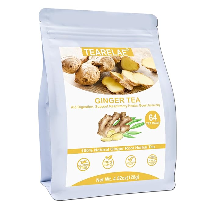 TEARELAE - Ginger Tea Bags, 64 Count - 100% Pure Ginger Root Tea, Soothing & Spicy - Non-GMO - Caffeine-free - Aid Digestion & Support Respiratory