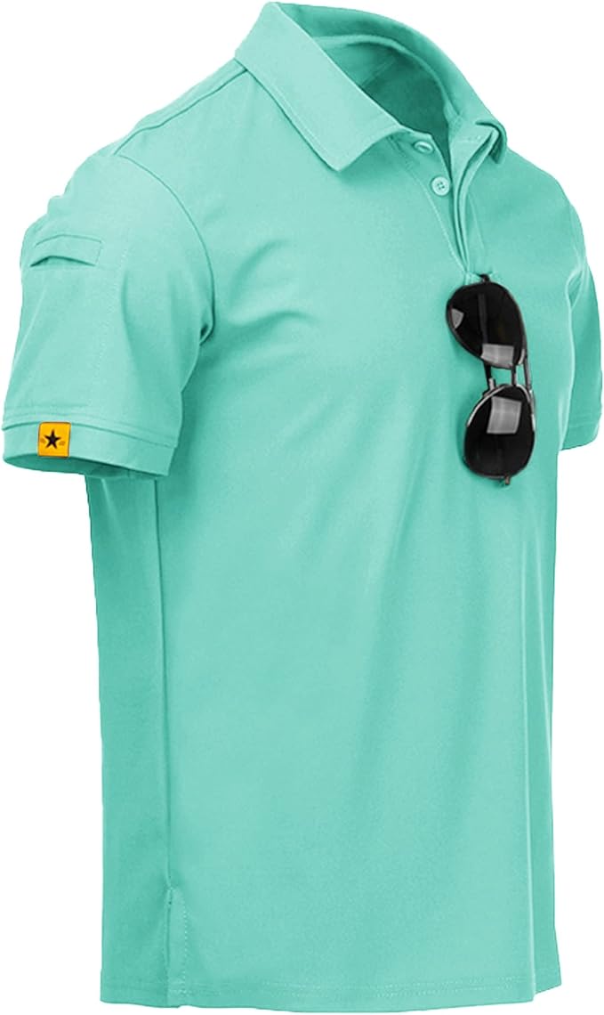 Men wearing a performance tactical golf polo shirt with ring buckle detail and moisture-wicking fabric.