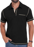 Men's short sleeve textured cotton polo shirt with chest pocket and faux wood buttons