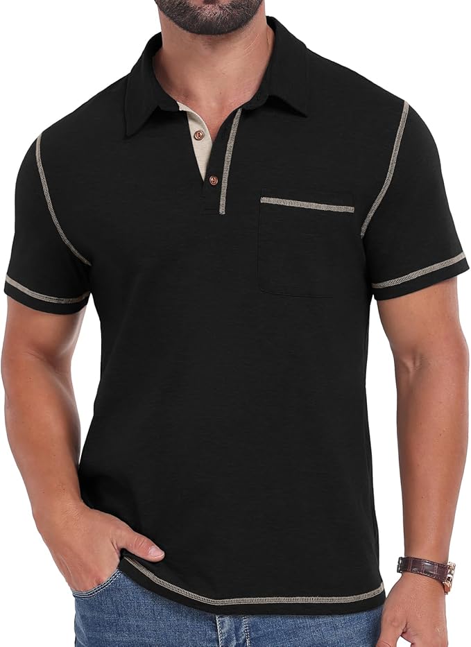 Men's short sleeve textured cotton polo shirt with chest pocket and faux wood buttons