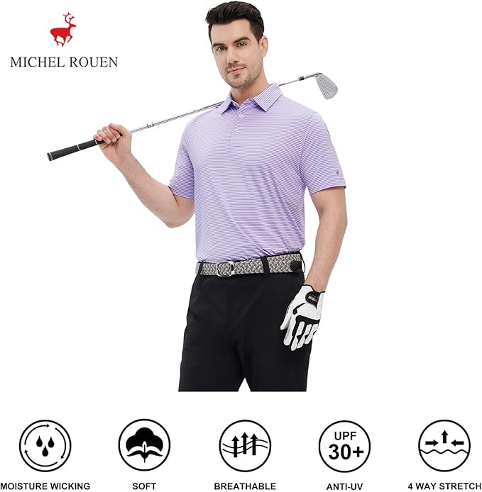 Men's Striped Moisture-Wicking Golf Polo Shirt - Purple & White