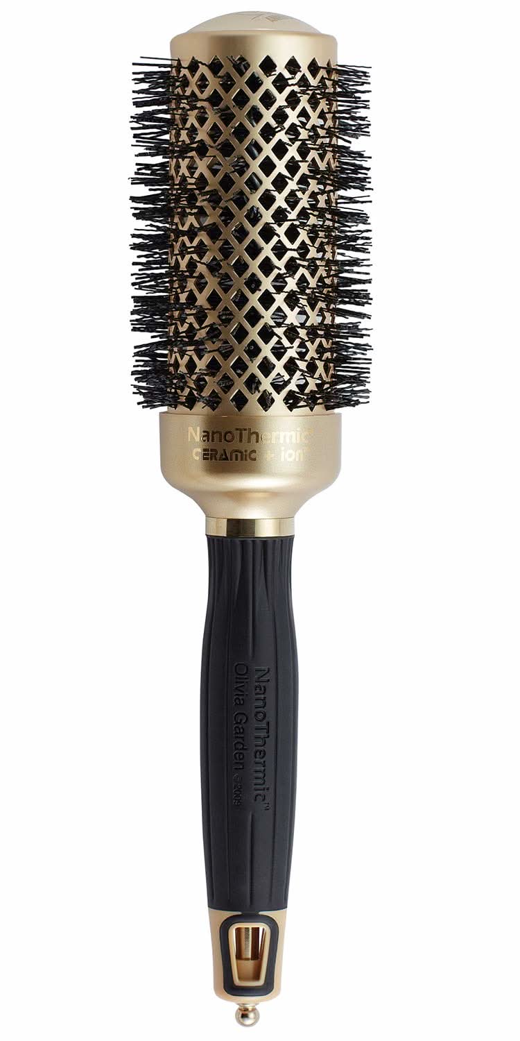 Gold and black 1 1/4 inch NanoThermic Ceramic + Ion hair brush.