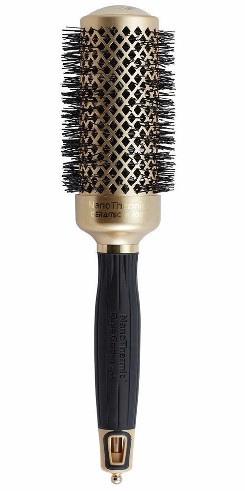 Gold and black 1 1/4 inch NanoThermic Ceramic + Ion hair brush.