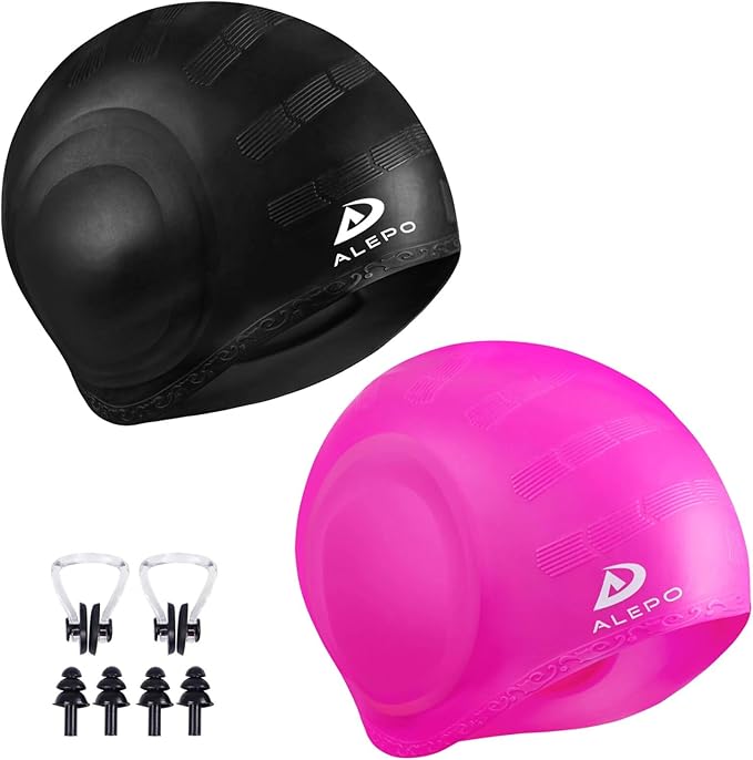 2 Pack Unisex Swim Caps with 3D Ear Protection, Durable Flexible Silicone Swimming Hats for Women Men Kids Adults, Bathing Swimming Caps for Short/Long Hair with Ear Plugs&Nose Clip
