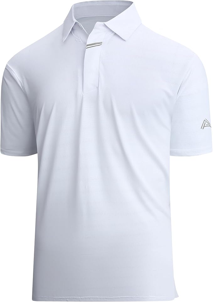 Close up of men's performance jacquard golf polo with hidden placket and moisture-wicking fabric.