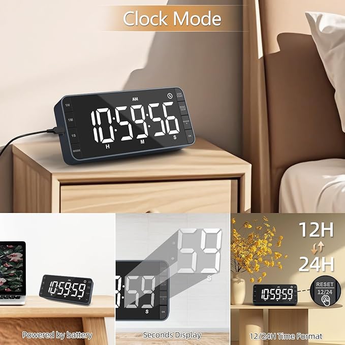7.8'' Extra Large LED Kitchen Timer: 99H Countdown Countup with 3 Brightness, 5 Alarms & 4 Volume Levels, Magnetic Rechargeable Timer for Cooking, Classroom, Home Gym