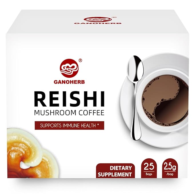 GANOHERB Reishi Mushroom Coffee Mix, Organic Instant Ganoderma Cafe with 100% Natural Ganoderma Lucidum Lingzhi Black Coffee for Stress Relief Better Focus Immune Support, Mix Flavor No Sugar 25 Bag