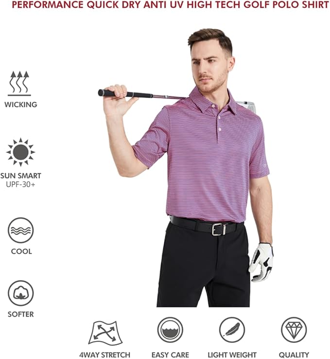Men's Performance Jersey Golf Polo Striped Quick Dry Shirt