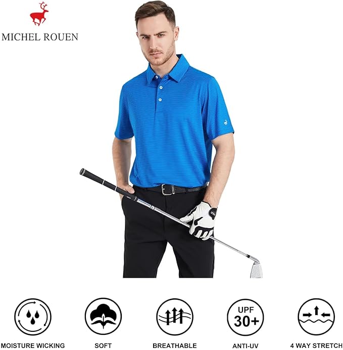 Mens Striped Performance Golf Polo Shirt - Moisture Wicking Dry Fit