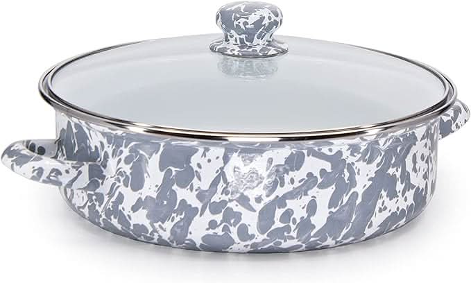Grey Swirl 3 qt saute pan with lid and stainless steel trim on a kitchen counter