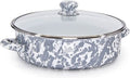 Grey Swirl 3 qt saute pan with lid and stainless steel trim on a kitchen counter