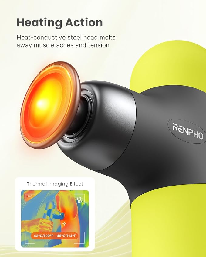 RENPHO Mini Thermal Massage Gun with Heat, Percussion Massager Gun Portable, Color Silicone Sleeves Travel Size with Carry Case, Neon Green