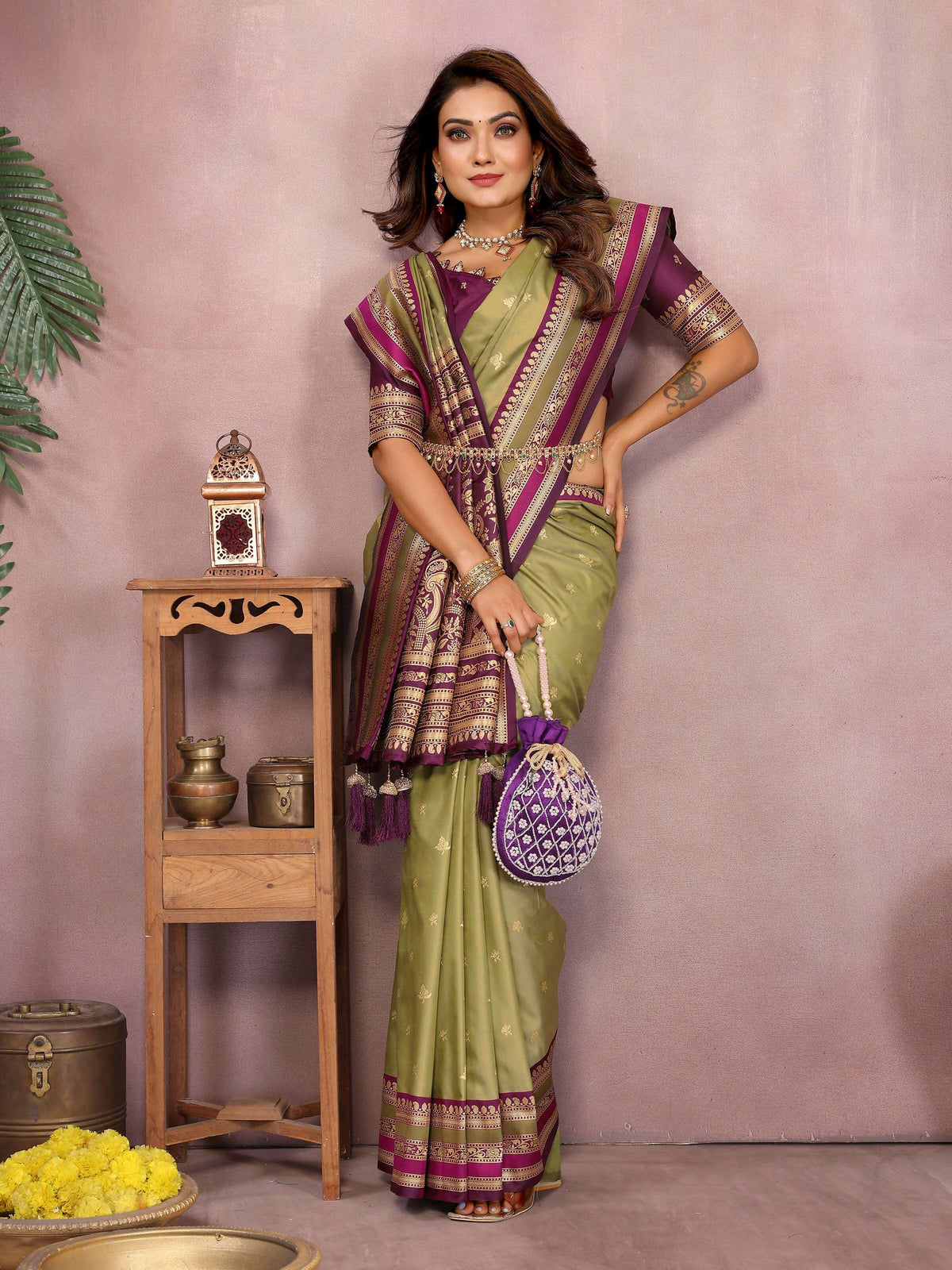 Mehndi Kalamkari Silk Saree with Intricate Weaving