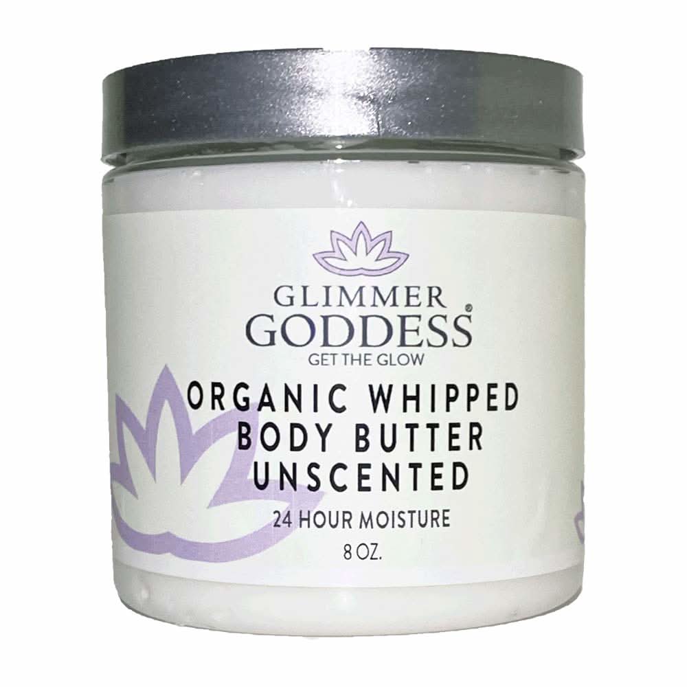 8 oz jar of Glimmer Goddess Unscented Organic Whipped Body Butter in a minimalist white aesthetic