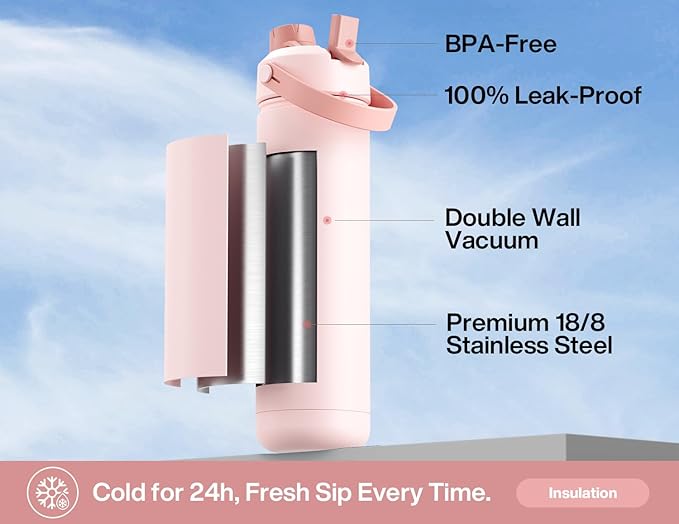 26 oz Insulated Water Bottle with 2-in-1 Straw and Spout Lid, Keep Cold 24H, Leak-Proof, Fits in Car Cup Holder, Stainless Steel Water Bottle for Sports, Travel, Gym, and School (Mushie Belle)