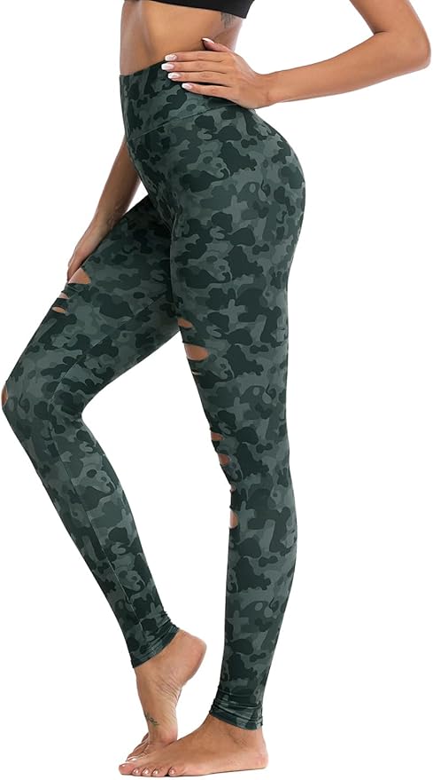 DIBAOLONG Womens High Waist Yoga Pants Cutout Ripped Tummy Control Workout Running Yoga Skinny Leggings