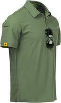 Men wearing a performance tactical golf polo shirt with ring buckle detail and moisture-wicking fabric.