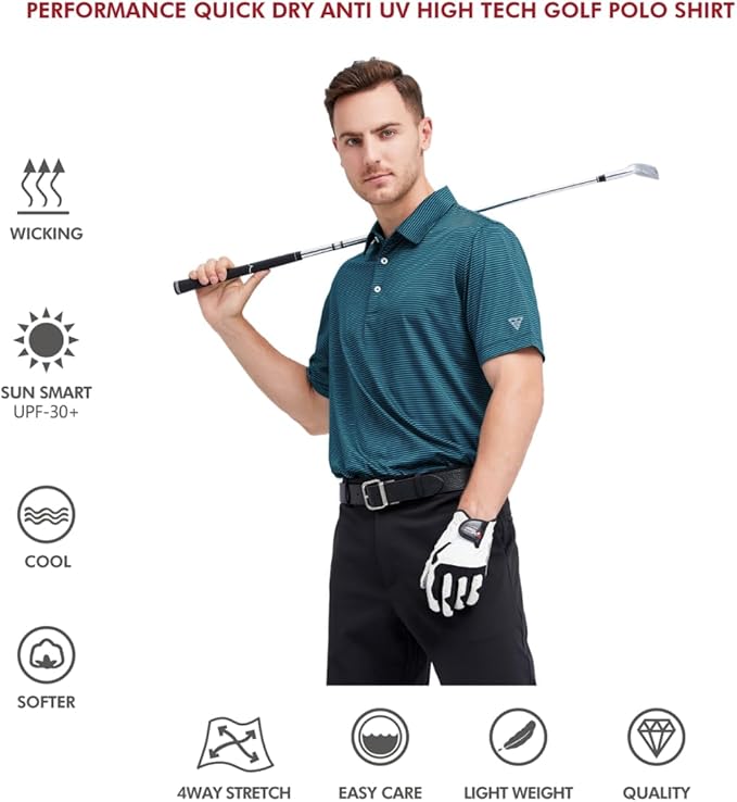 Men's Striped Performance Golf Polo Shirt - Quick Dry Moisture Wicking